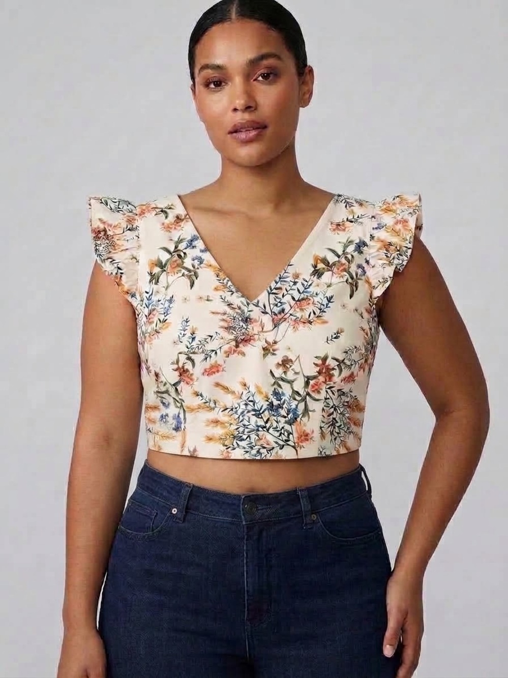 Antonio Melani Floral Ruffle Crop Top Womens 10 Cream Botanical Cottagecore